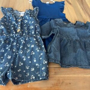 Floral Denim Romper and Blue Dresses Set